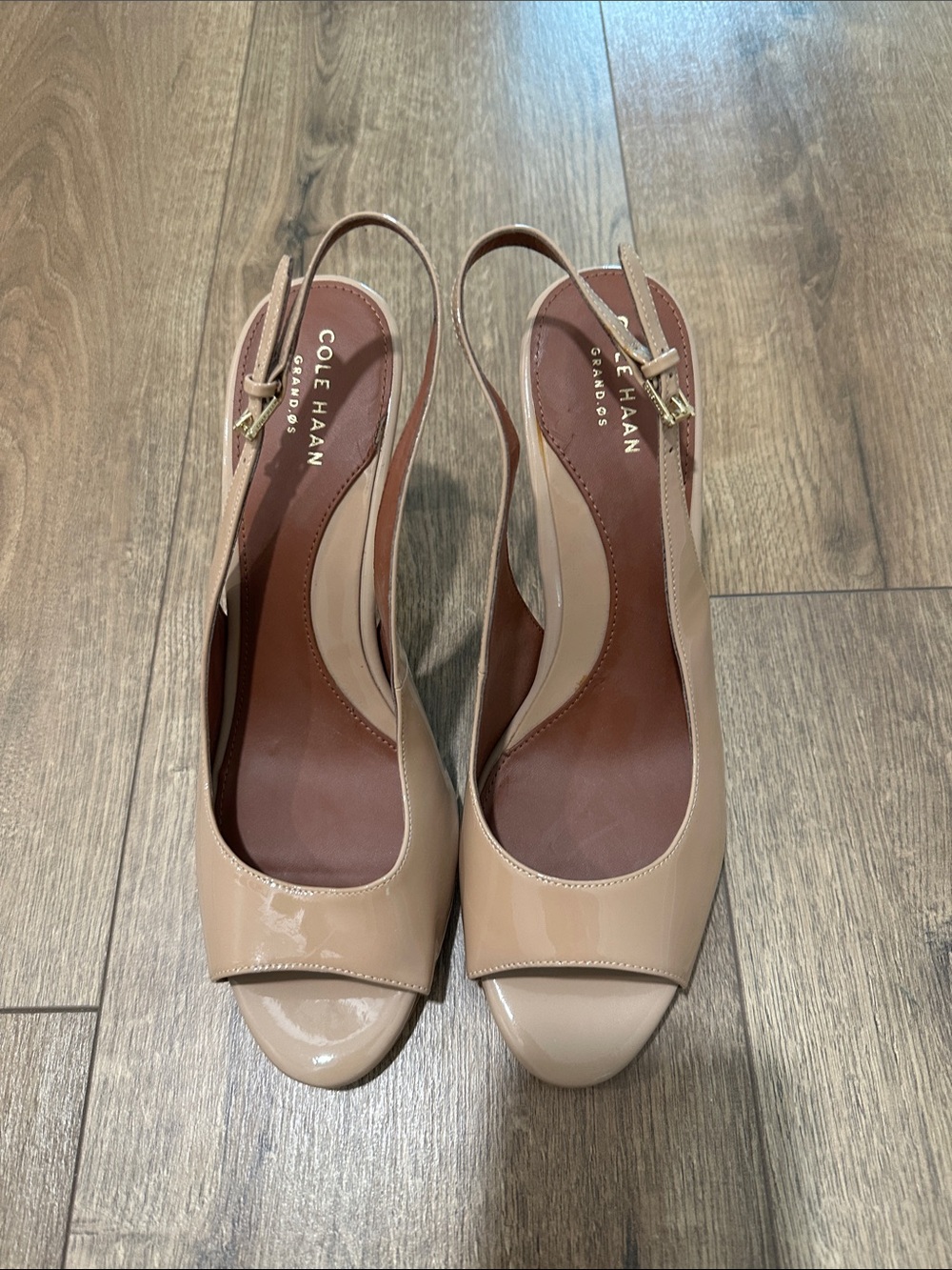 Cole Haan Beige Patent Slingback Peep-Toe Heels